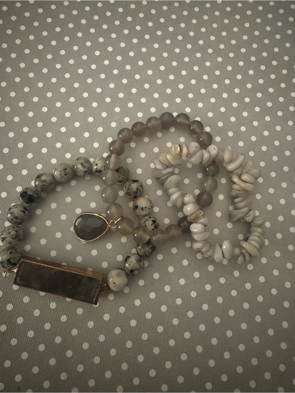 Set of 3 Neutral Gray Stone Shell Beaded Bracelet Set Quartz